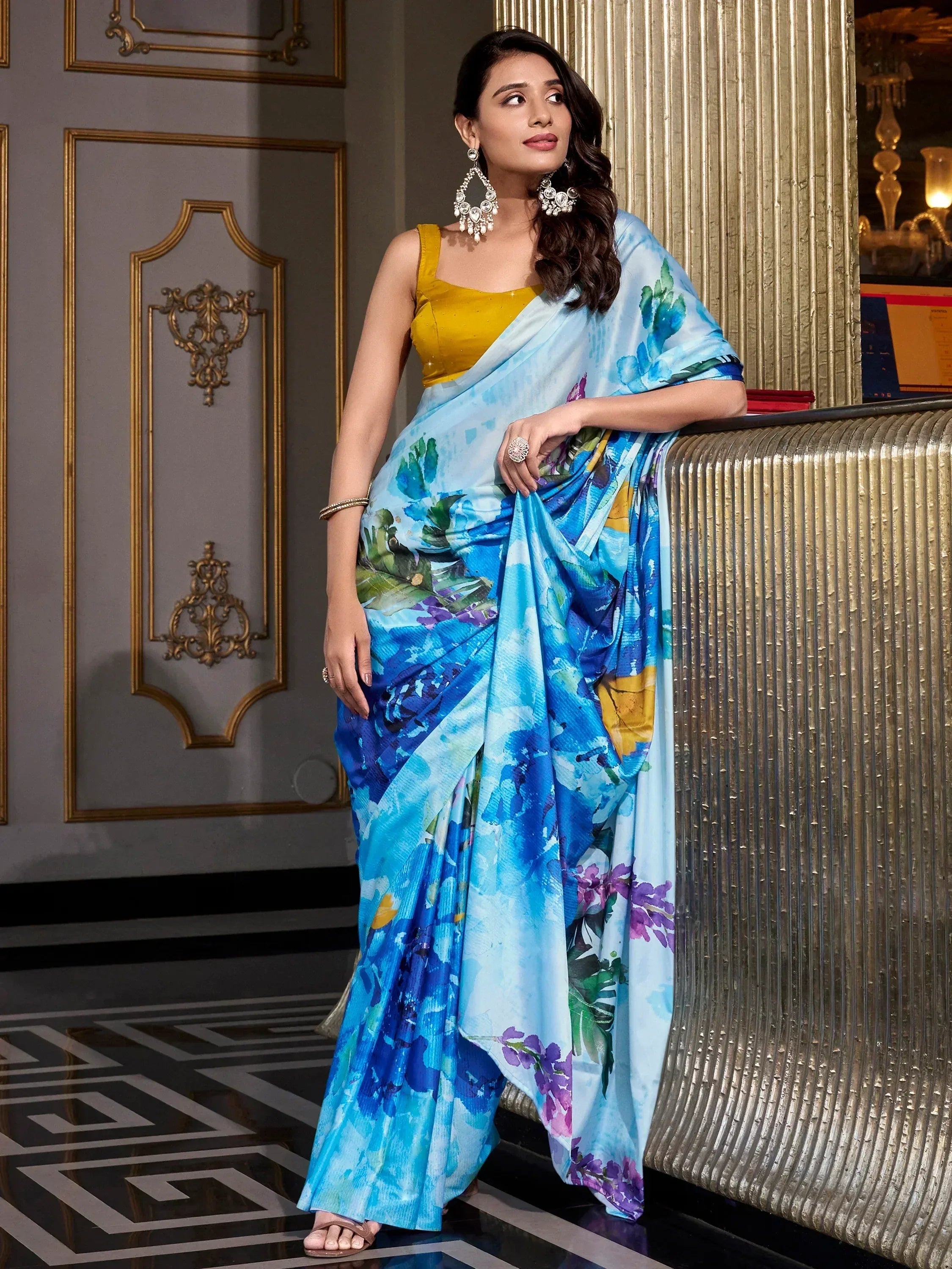 Blue floral printed saree with yellow blouse, elegant ethnic wear for women
