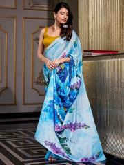 Abundant Sky Blue Floral Printed Satin Office Wear Saree With Blouse