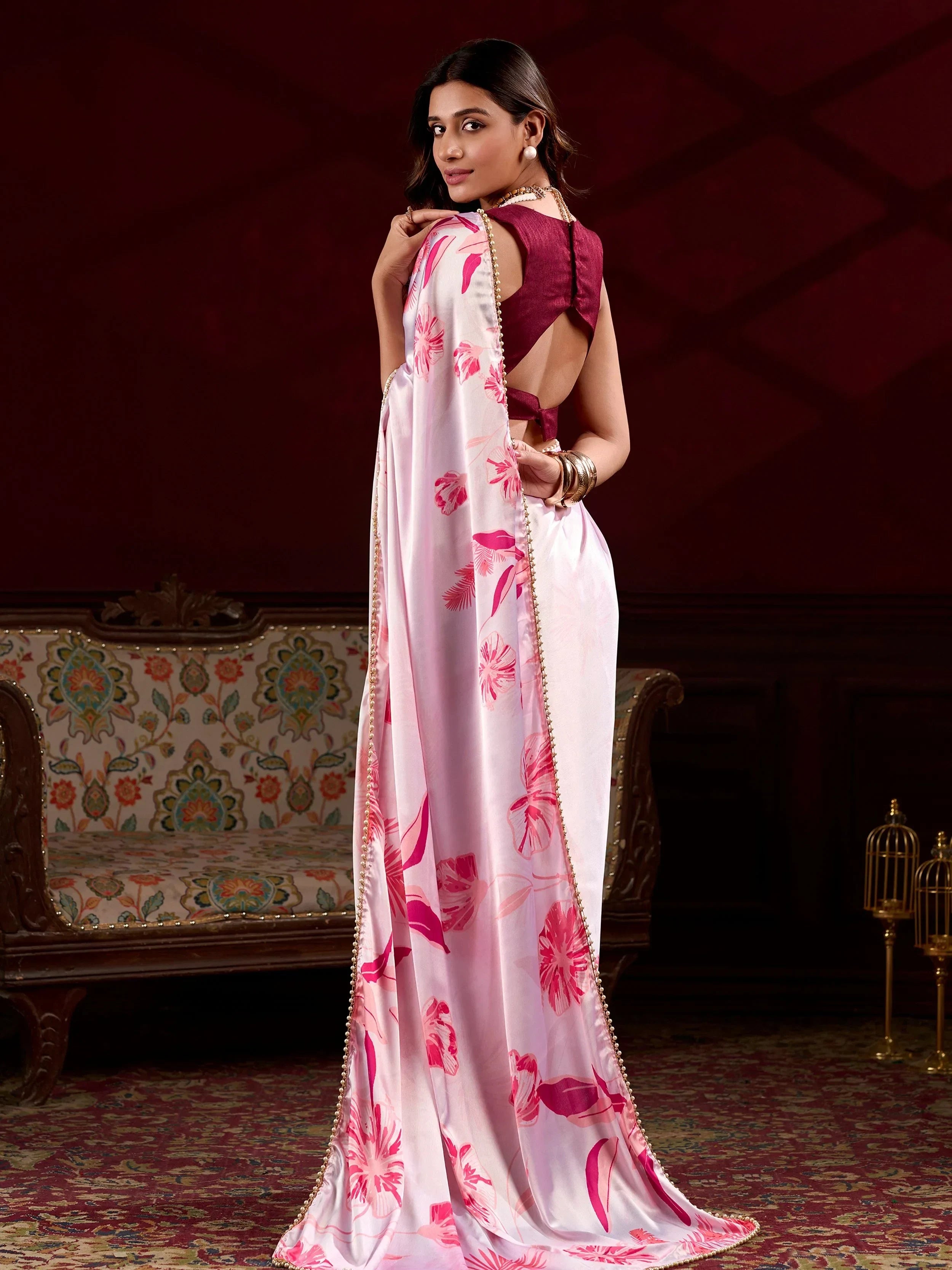 Timeless Light Pink Satin Pearl Work Party Wear Saree With Blouse
