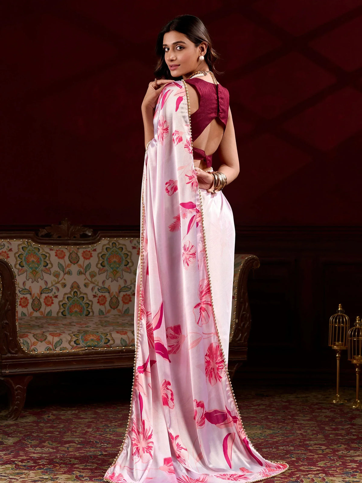 Pink floral saree with gold border and maroon backless blouse, Indian ethnic wear