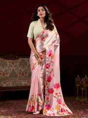 Amazing Peach Satin Floral Printed Event Wear Saree With Blouse