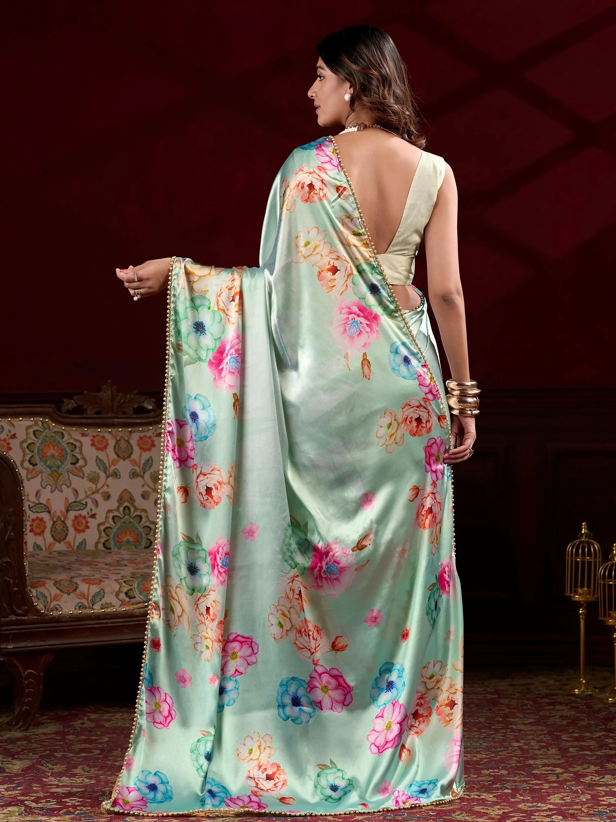 Regal Pista Green Floral Printed Satin Saree With Blouse