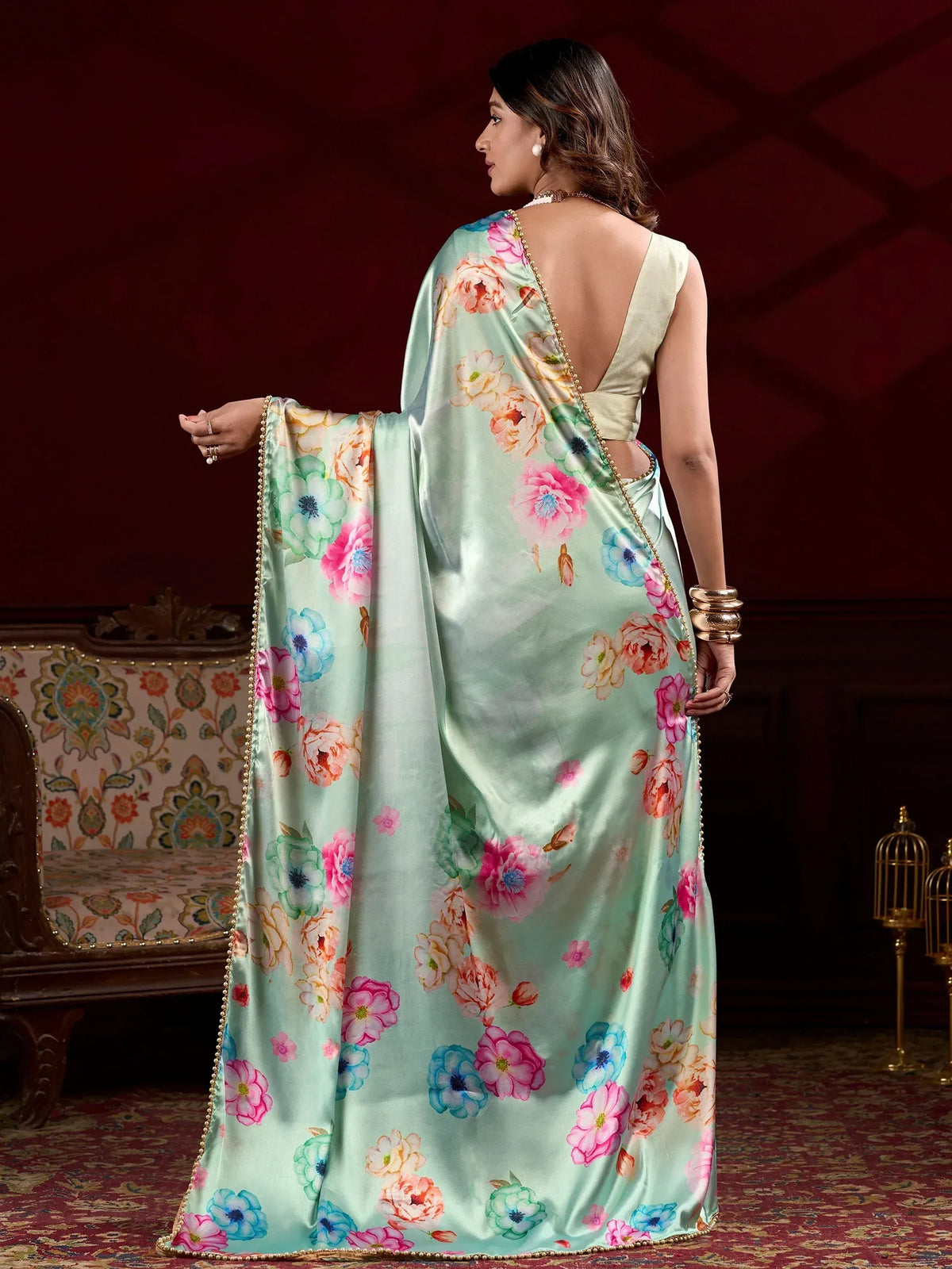 Mint green floral saree with gold border, backless blouse, Indian ethnic wear