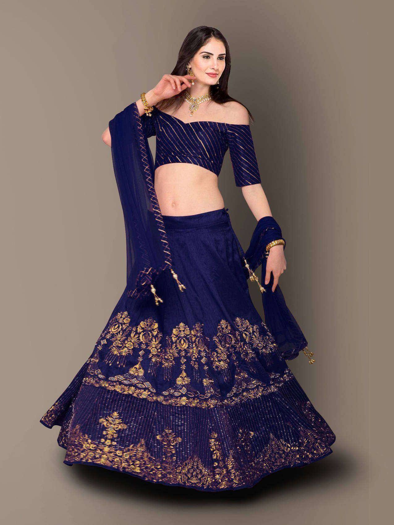 Navy blue lehenga choli with gold embroidery, off-shoulder blouse, and matching dupatta for Indian ethnic wear