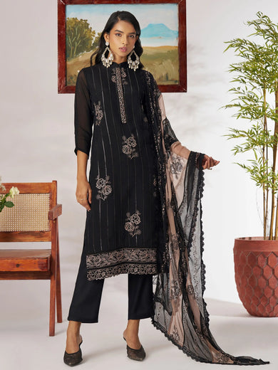 Chic Black Pure Organza Embroidered Festival Wear Straight Suit