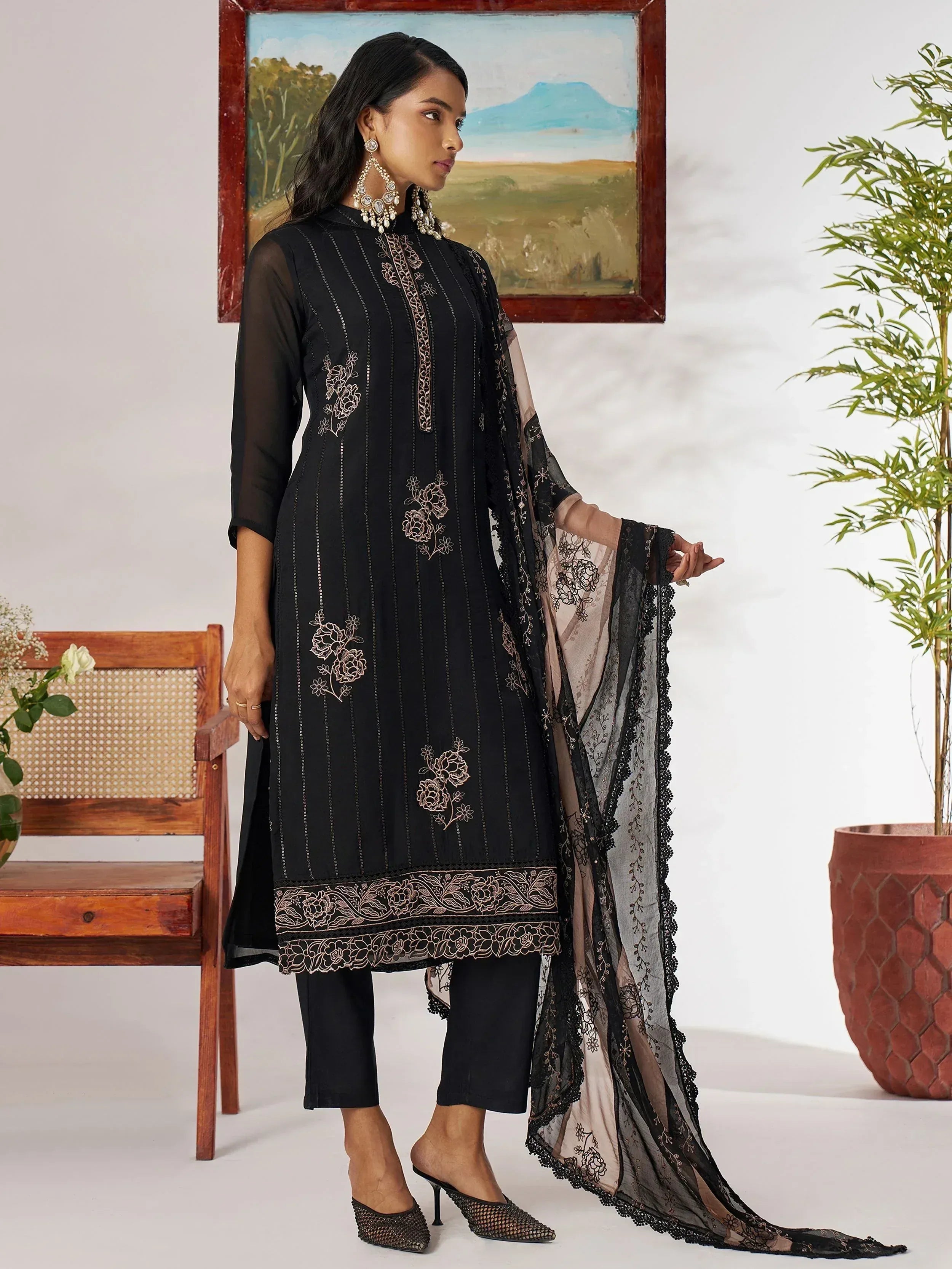 Black embroidered salwar kameez with floral detailing and sheer dupatta, Indian ethnic wear