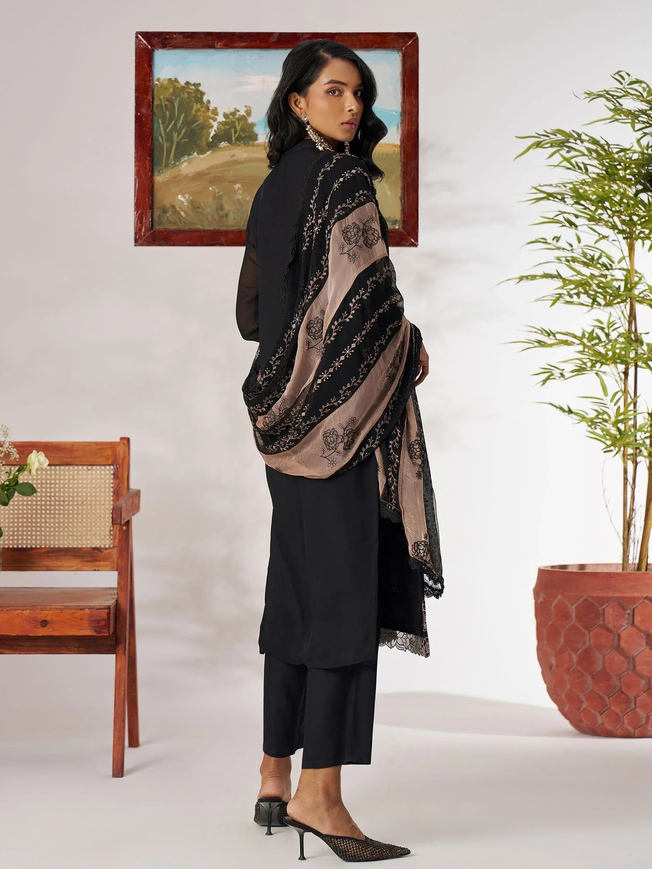 Black embroidered salwar kameez with sheer dupatta, ethnic Indian wear for women