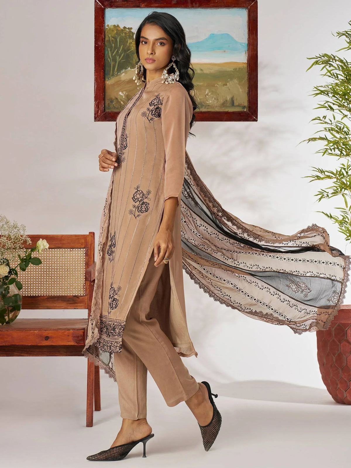 Beige embroidered kurta with matching pants and dupatta, Indian ethnic wear for women