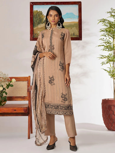 Regal Brown Organza Thread Embroidered Eid Wear Pant Salwar Suit