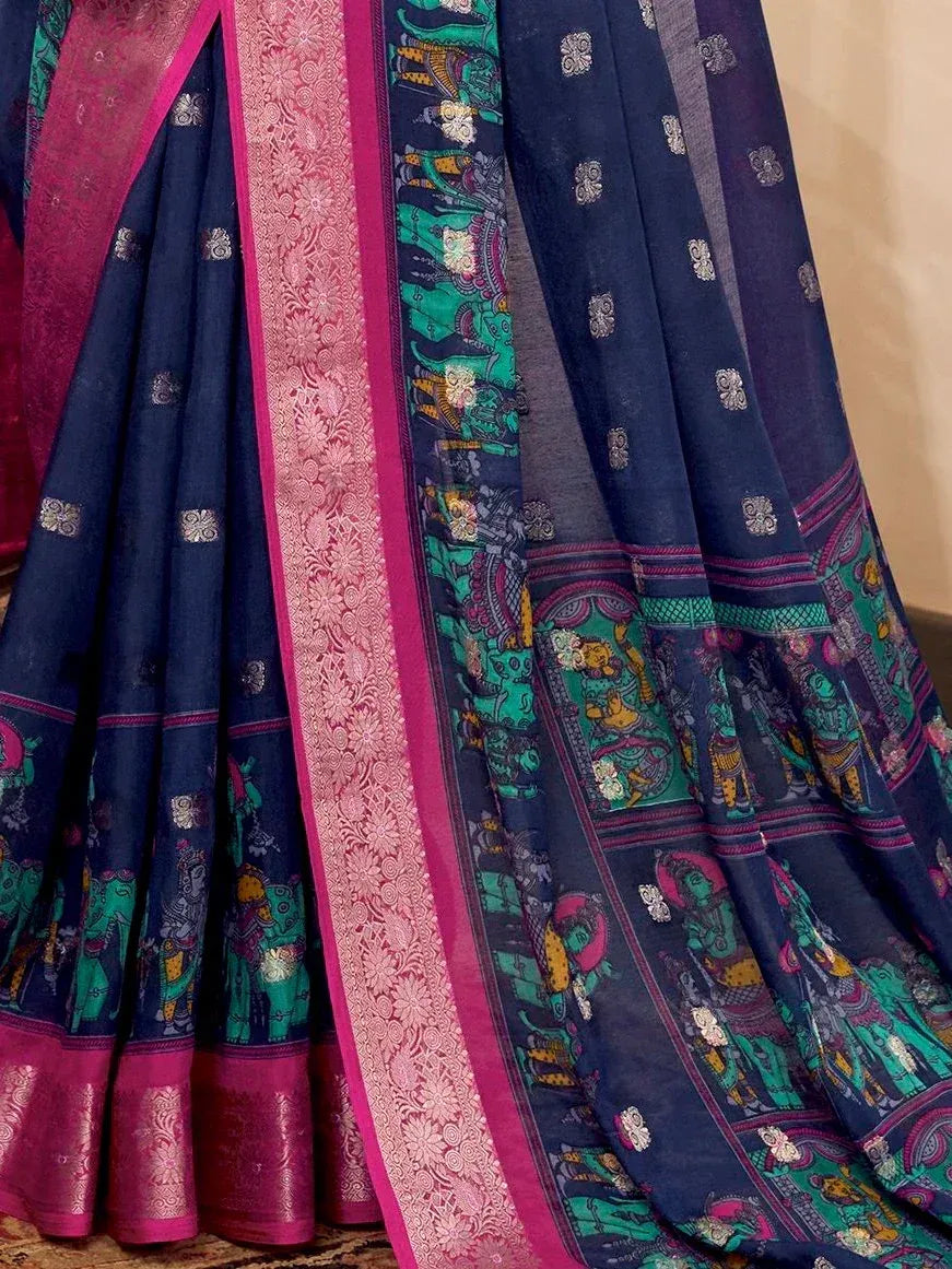 Navy blue saree with pink border, green temple motifs, and floral patterns, ideal for ethnic wear occasions