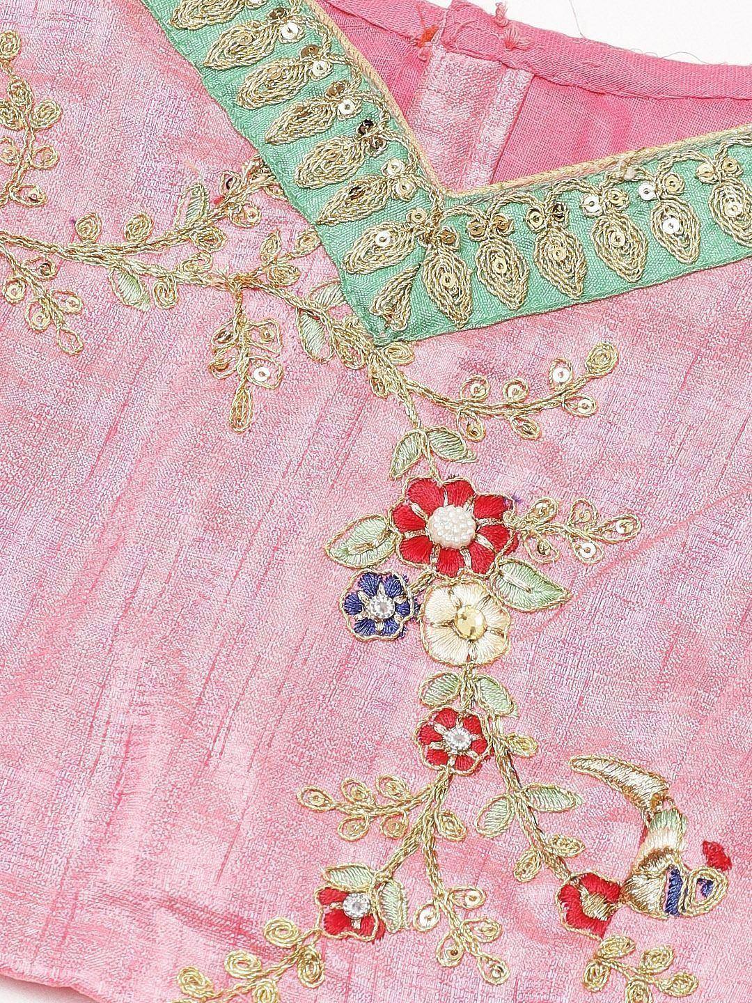Pink ethnic blouse with floral embroidery and gold thread detailing, perfect for Indian wear