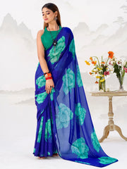 Stunning Blue Floral Printed Chiffon Office Wear Saree With Blouse