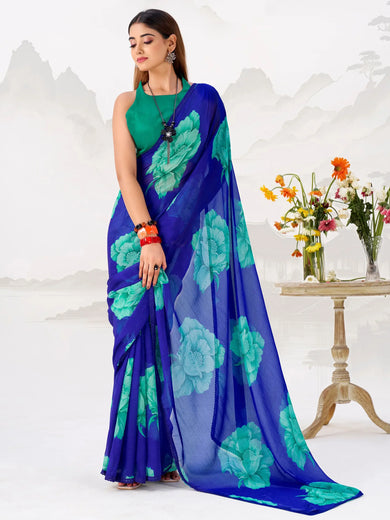 Stunning Blue Floral Printed Chiffon Office Wear Saree With Blouse