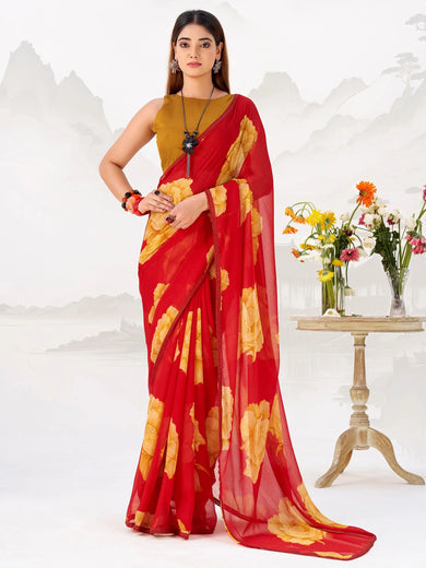 Attractive Red Floral Printed Chiffon Office Wear Saree With Blouse