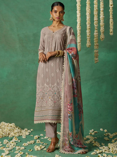 Pretty Grey Thread Embroidered Organza Festive Wear Straight Suit