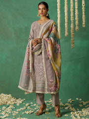 Classic Grey Thread Embroidered Organza Traditional Wear Salwar Kameez