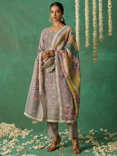 Classic Grey Thread Embroidered Organza Traditional Wear Salwar Kameez