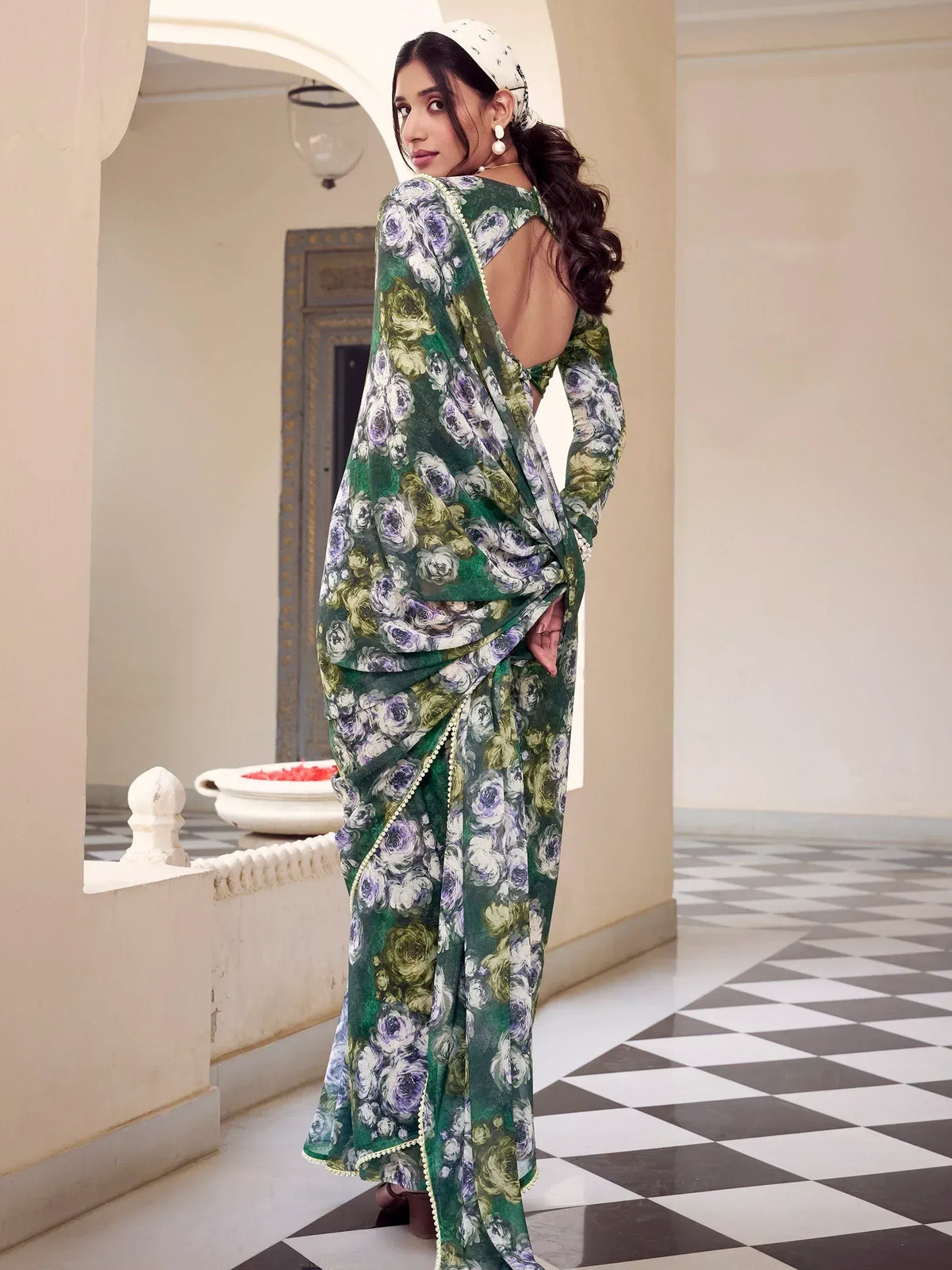 Green floral saree with backless blouse, ethnic Indian wear for women