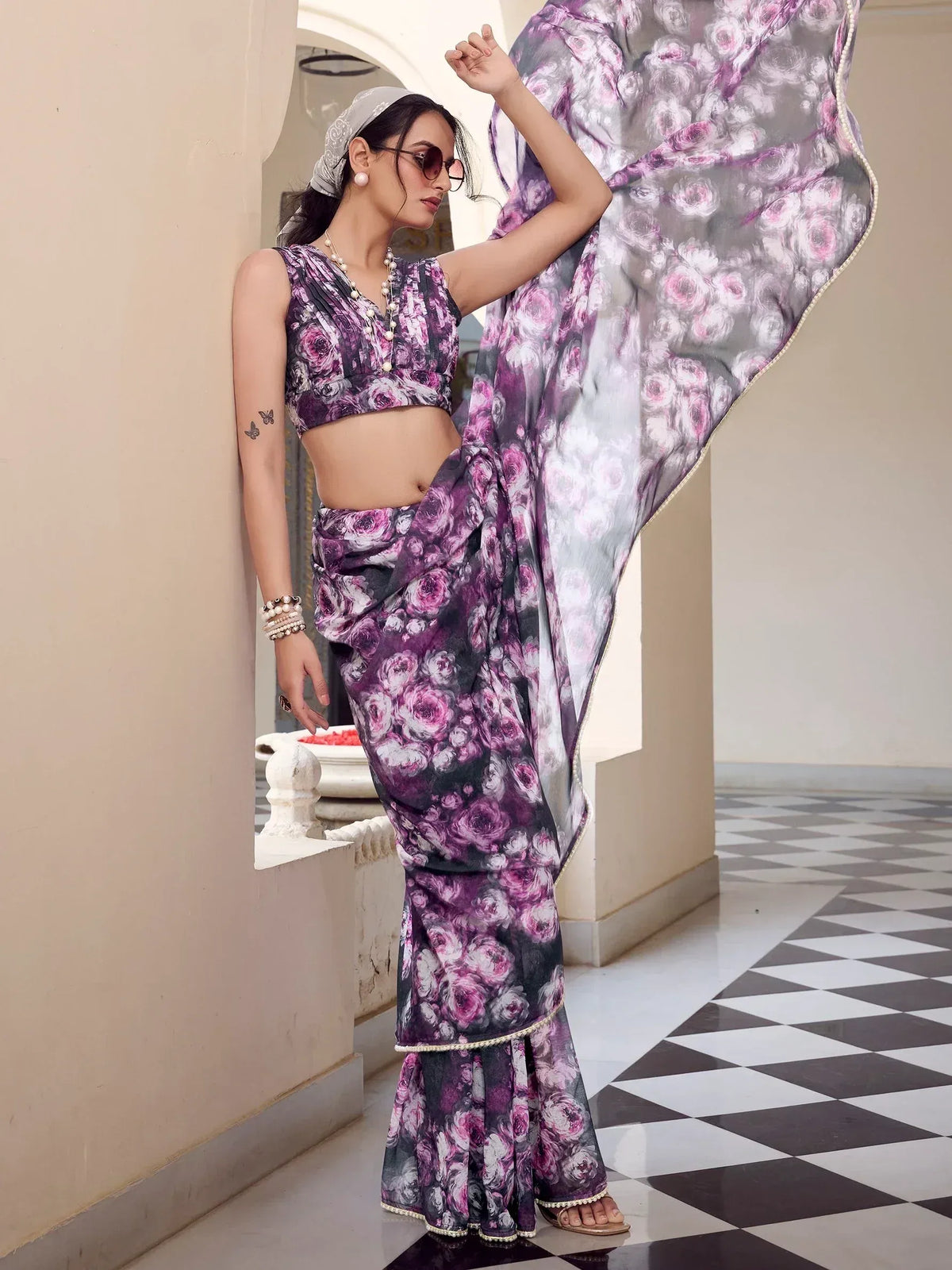 Purple floral print saree with matching blouse, stylish ethnic wear for women