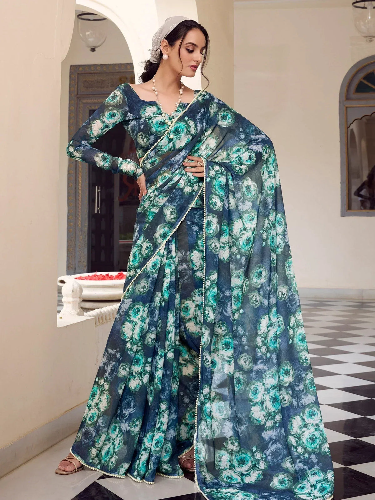 Floral print saree with pearl trim, Indian ethnic wear for women, stylish designer saree