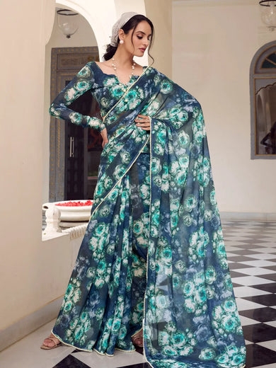 Beautiful Navy Blue Floral Printed Georgette Event Wear Saree With Blouse