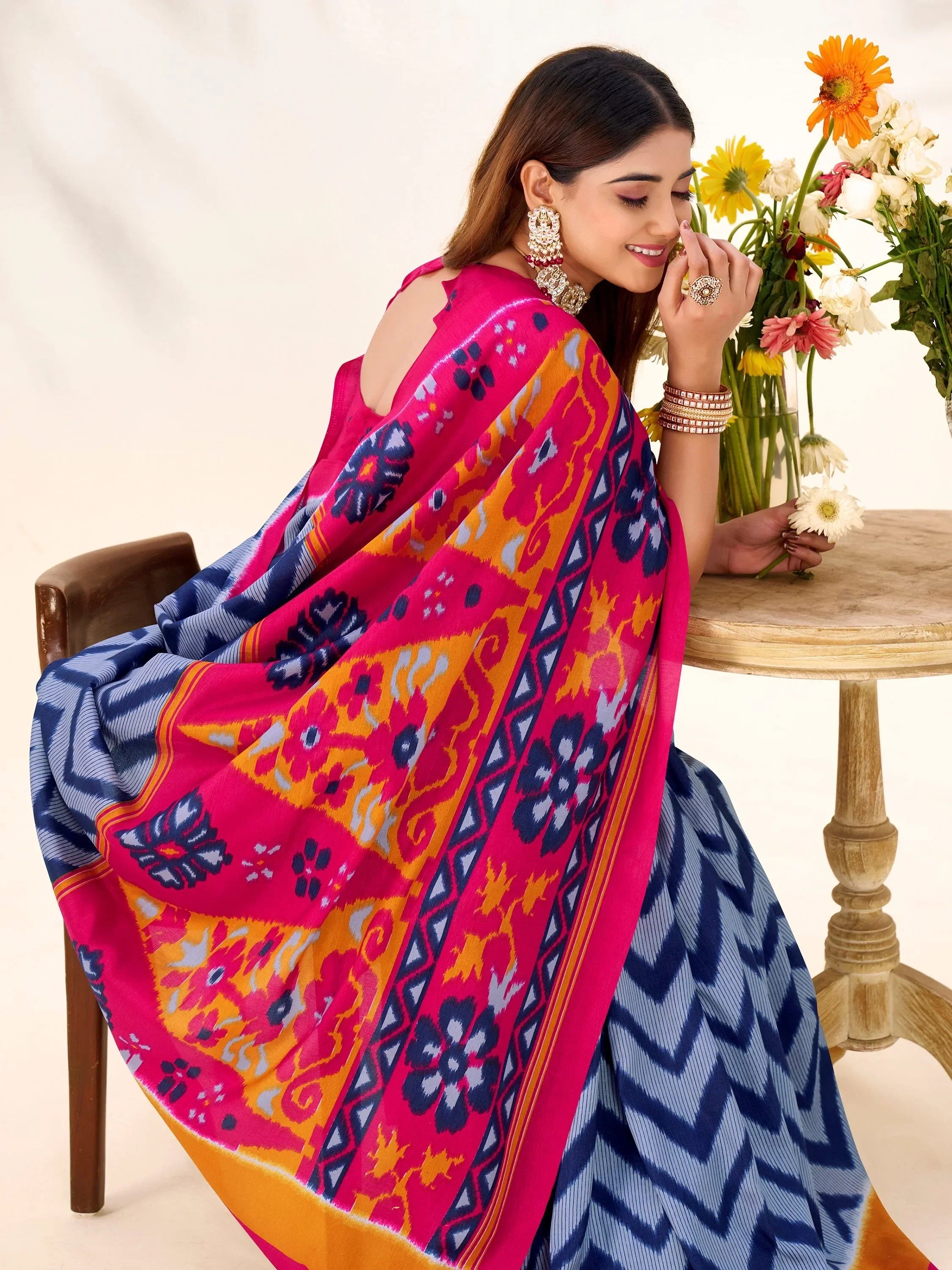 Glowing Blue Printed Silk Casual Wear Saree With Blouse