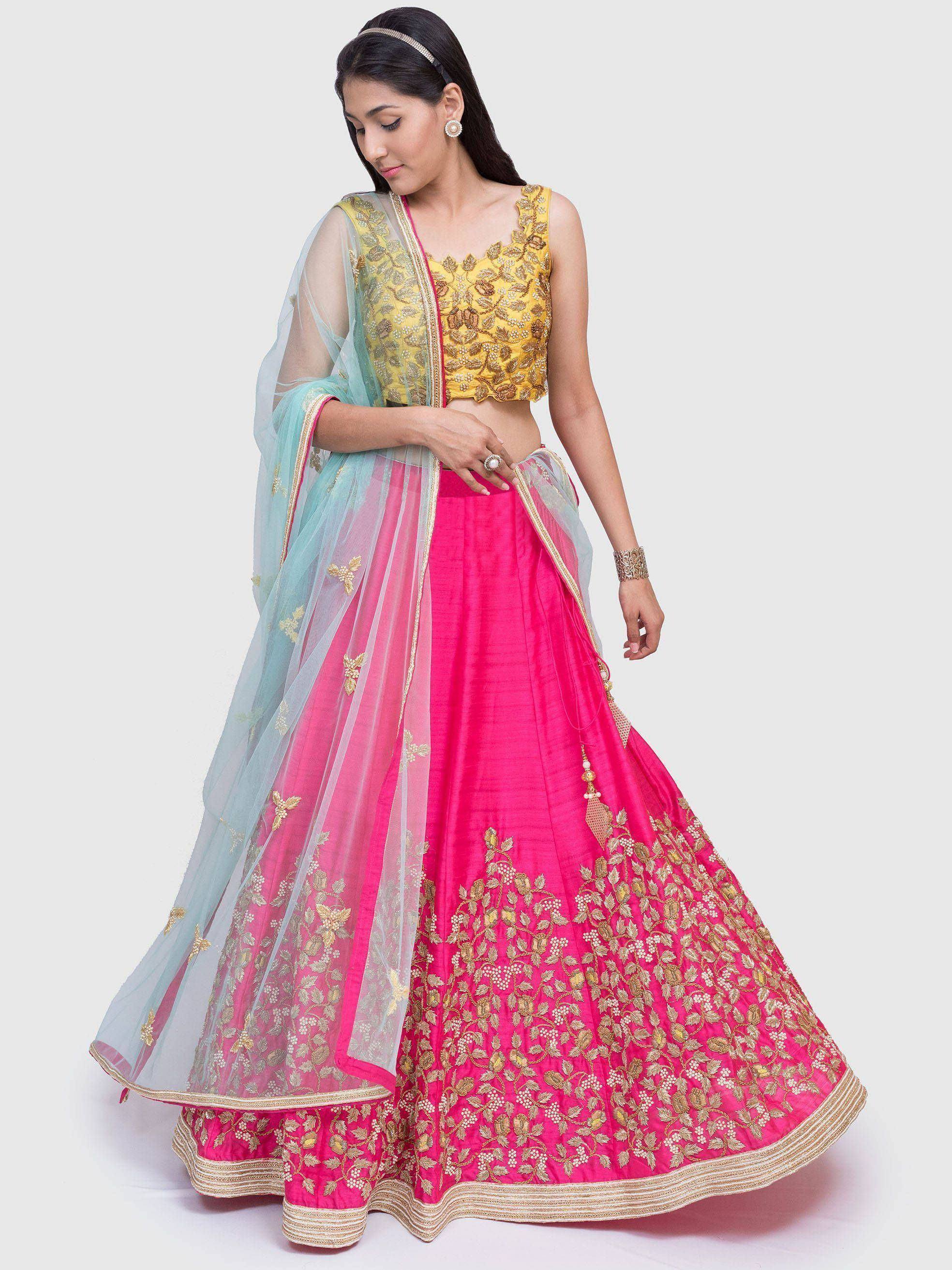 Pink and gold embroidered lehenga choli with sheer mint dupatta, Indian ethnic wear for women