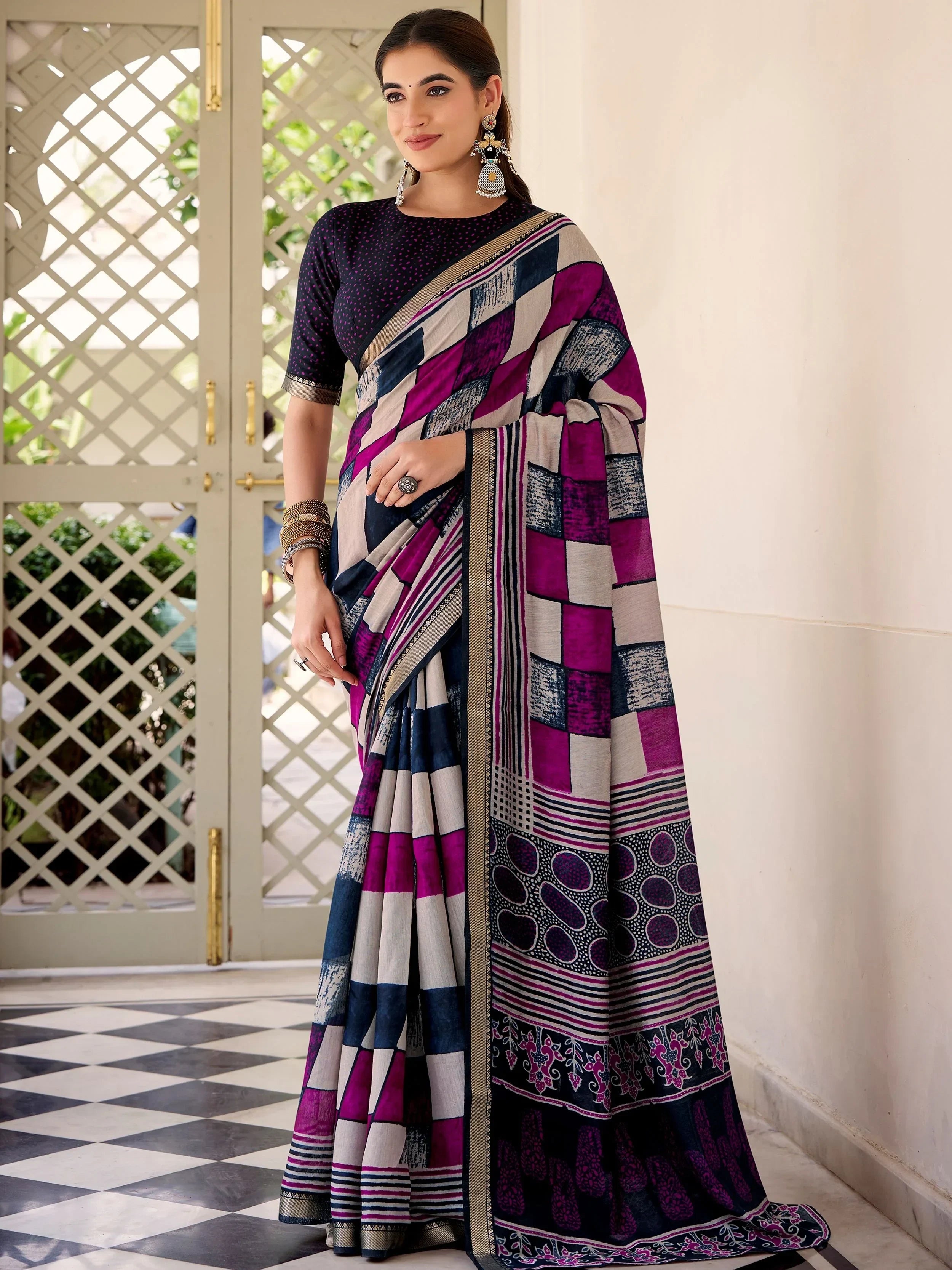 Fabulous Blue Digital Printed Polyester Casual Wear Saree With Blouse