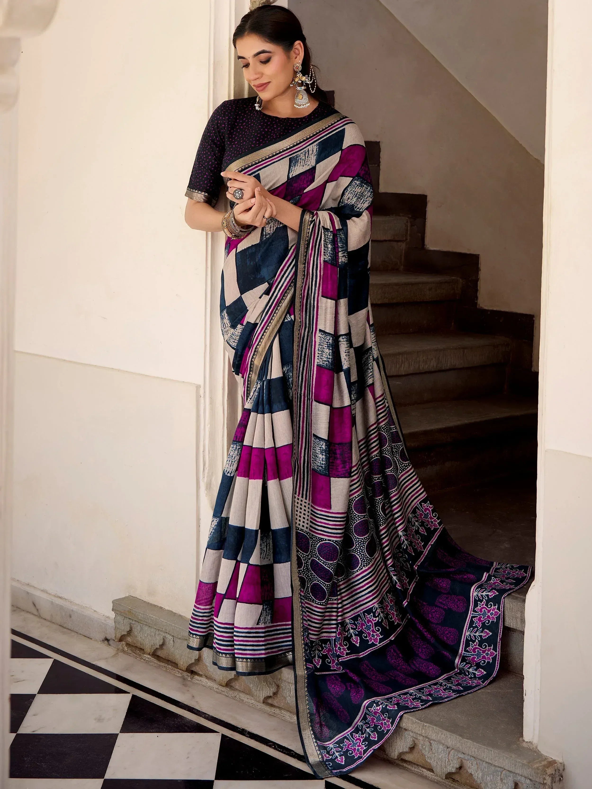 Fabulous Blue Digital Printed Polyester Casual Wear Saree With Blouse