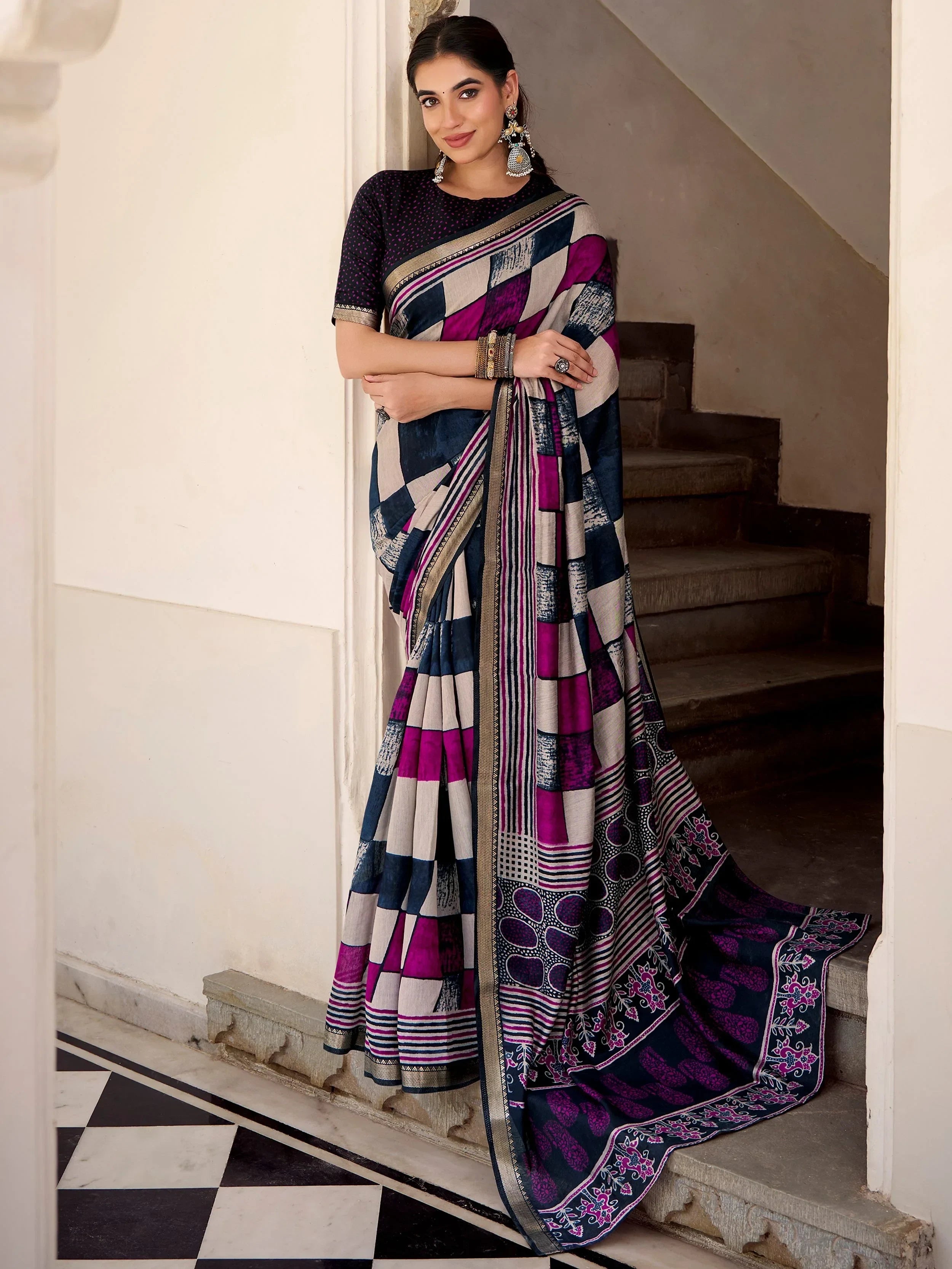 Fabulous Blue Digital Printed Polyester Casual Wear Saree With Blouse