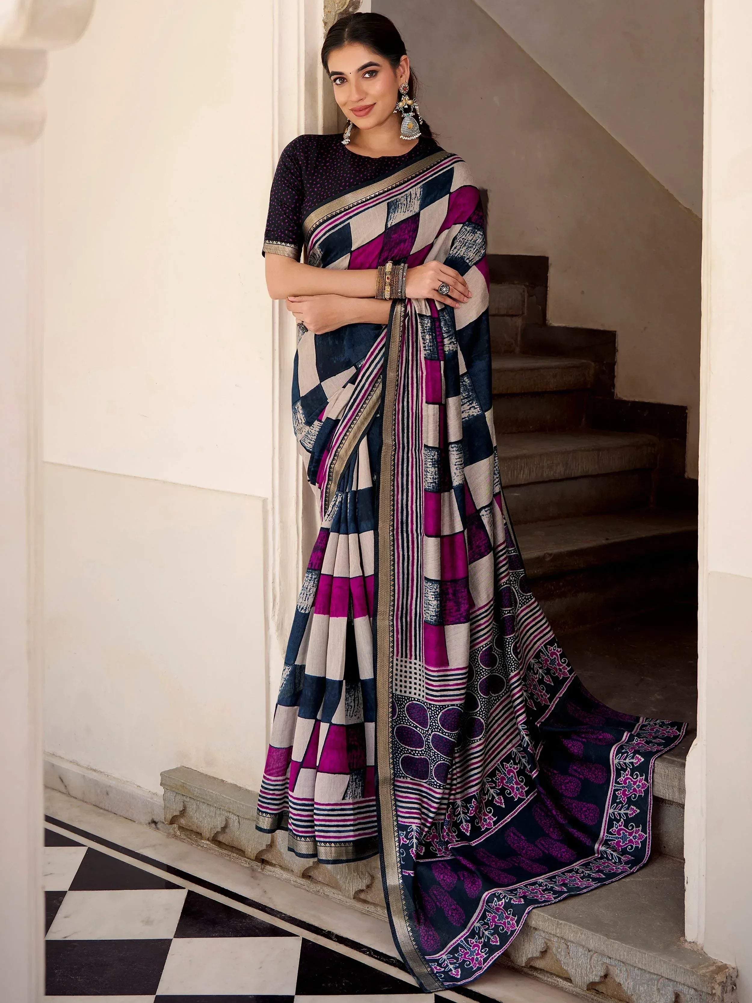 Fabulous Blue Digital Printed Polyester Casual Wear Saree With Blouse
