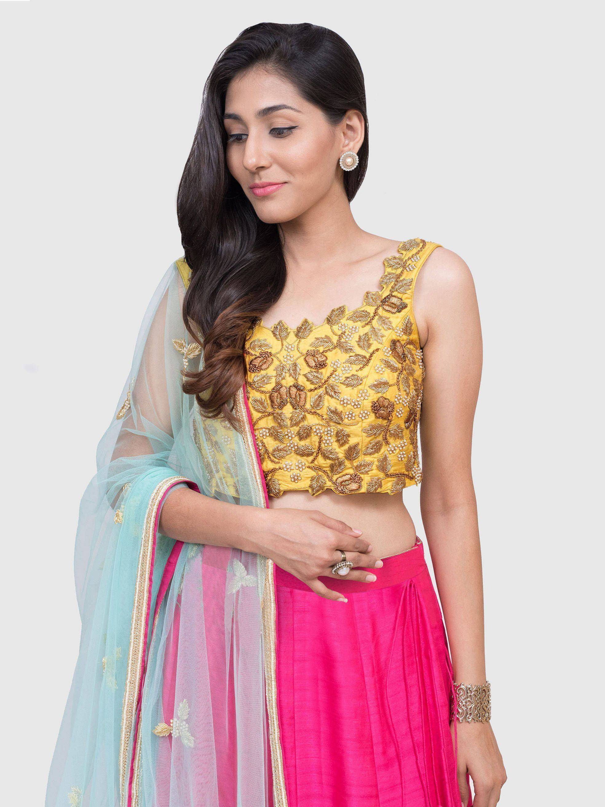 Yellow embroidered crop top with pink lehenga and sheer dupatta, Indian ethnic wear