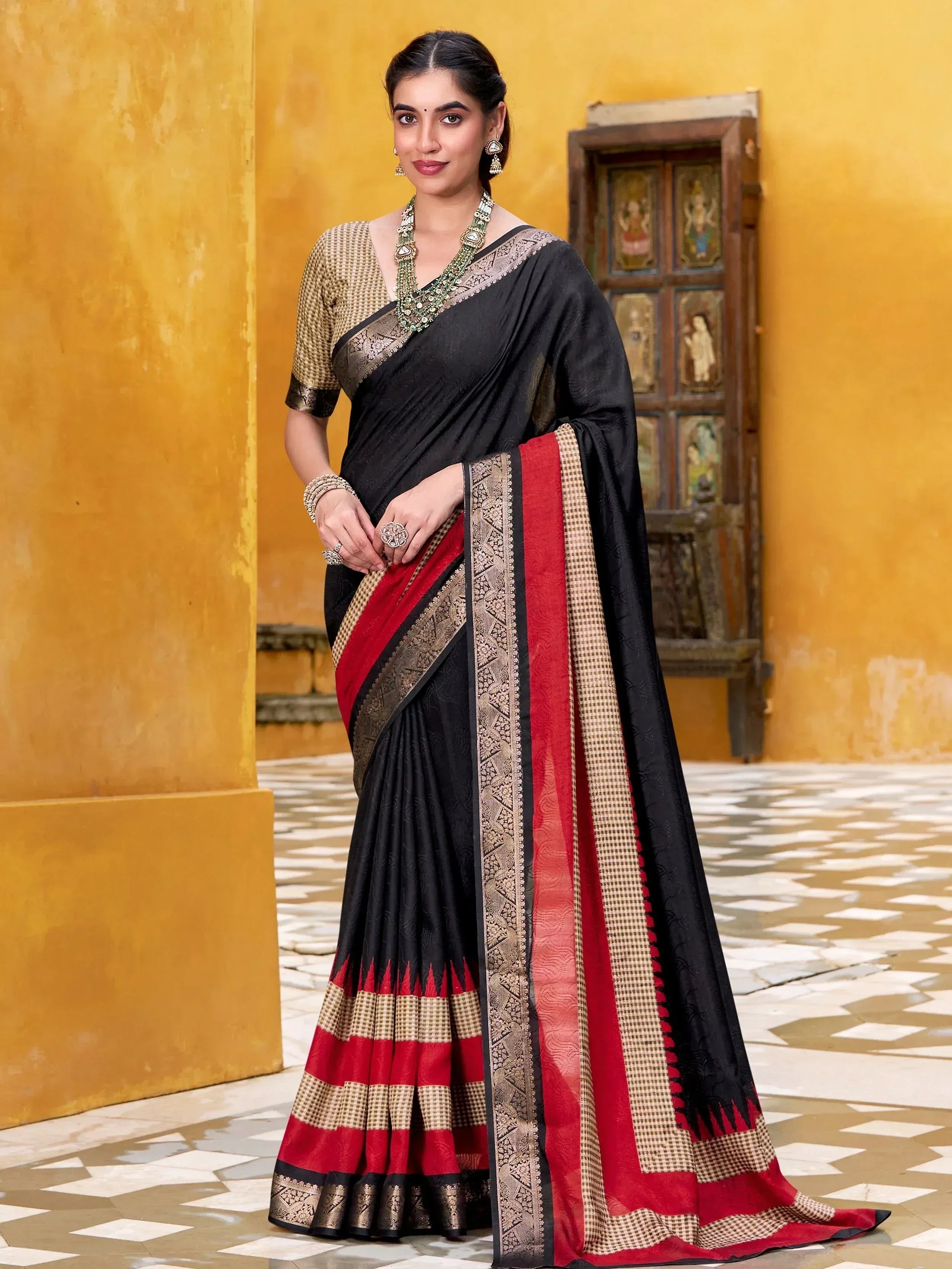 Black and red designer saree with gold border, ethnic wear for women