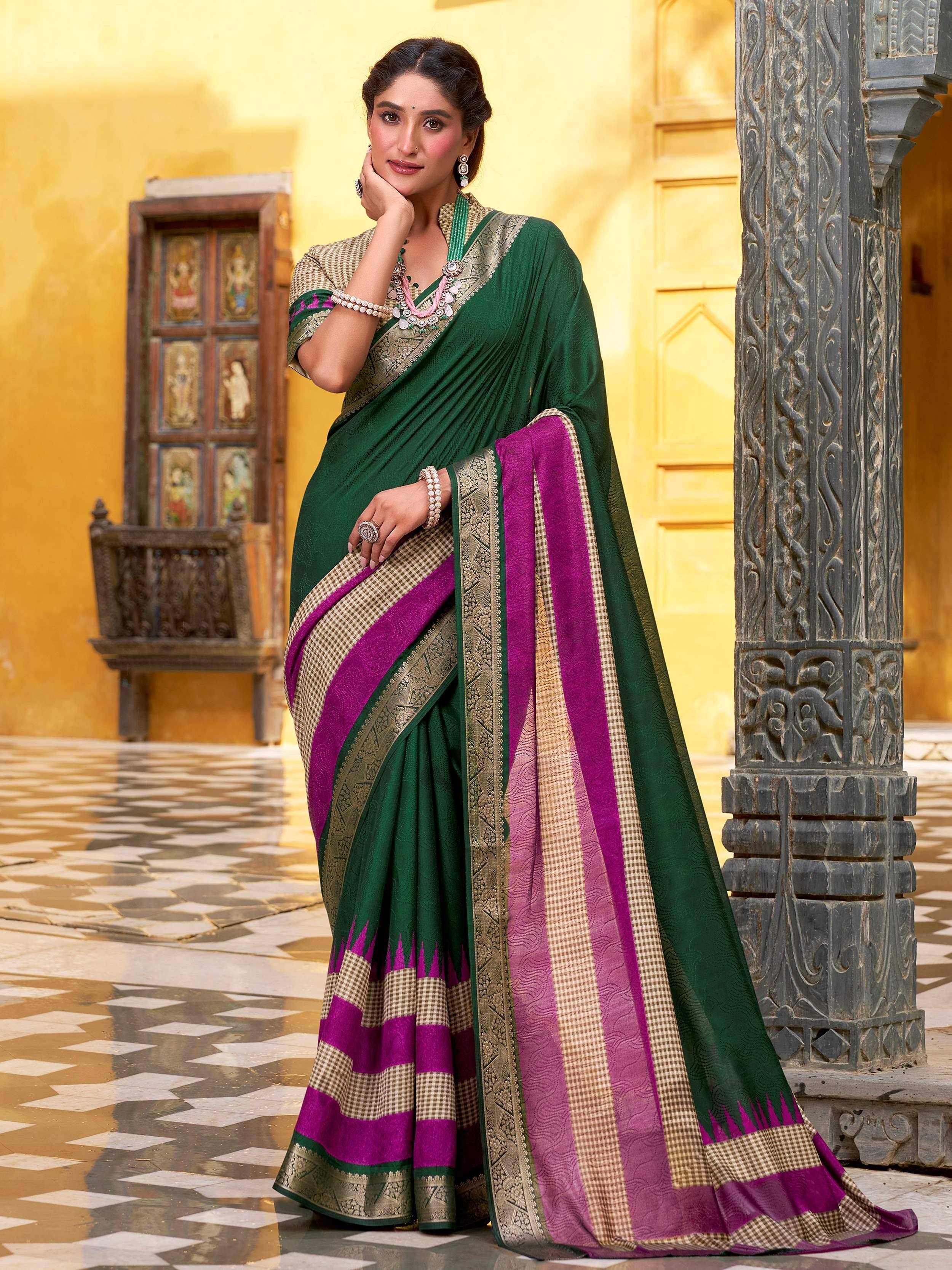 Elegant green and magenta saree with gold border, styled for Indian ethnic wear