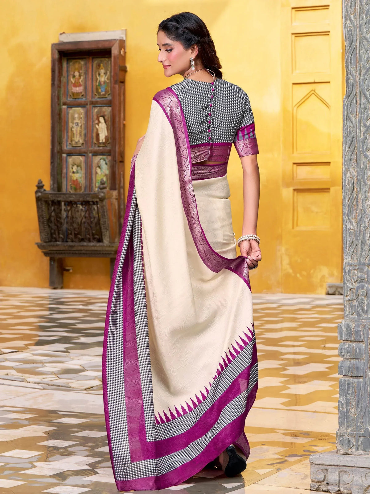 Cream and purple designer saree with checkered blouse, ethnic wear for women