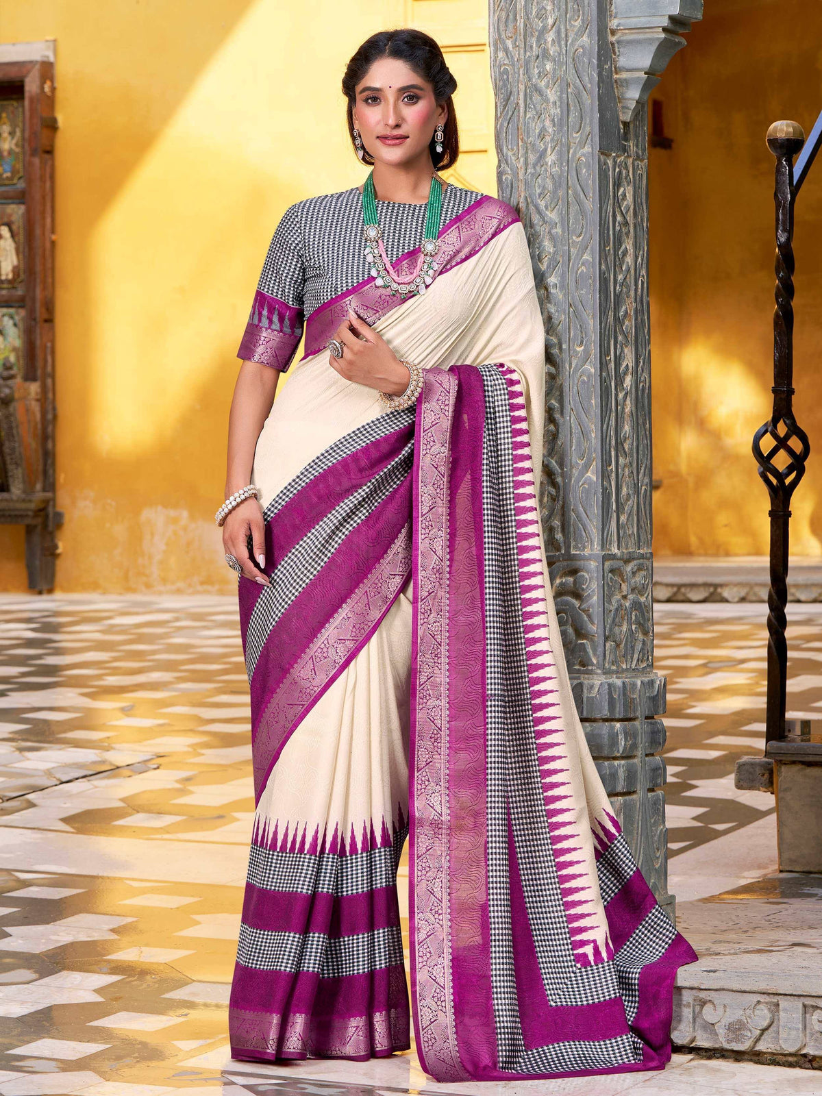 Cream and purple ethnic saree with checkered blouse, perfect for Indian occasions