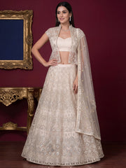 Beautiful Off-White Embroidered Net Party Wear Lehenga Choli