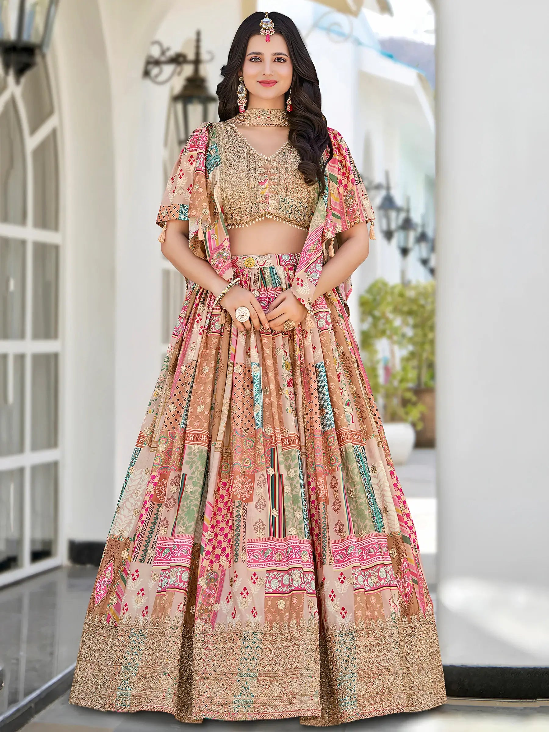 Lavishing Beige Chinon Silk Zari Embroidered Lehenga Choli