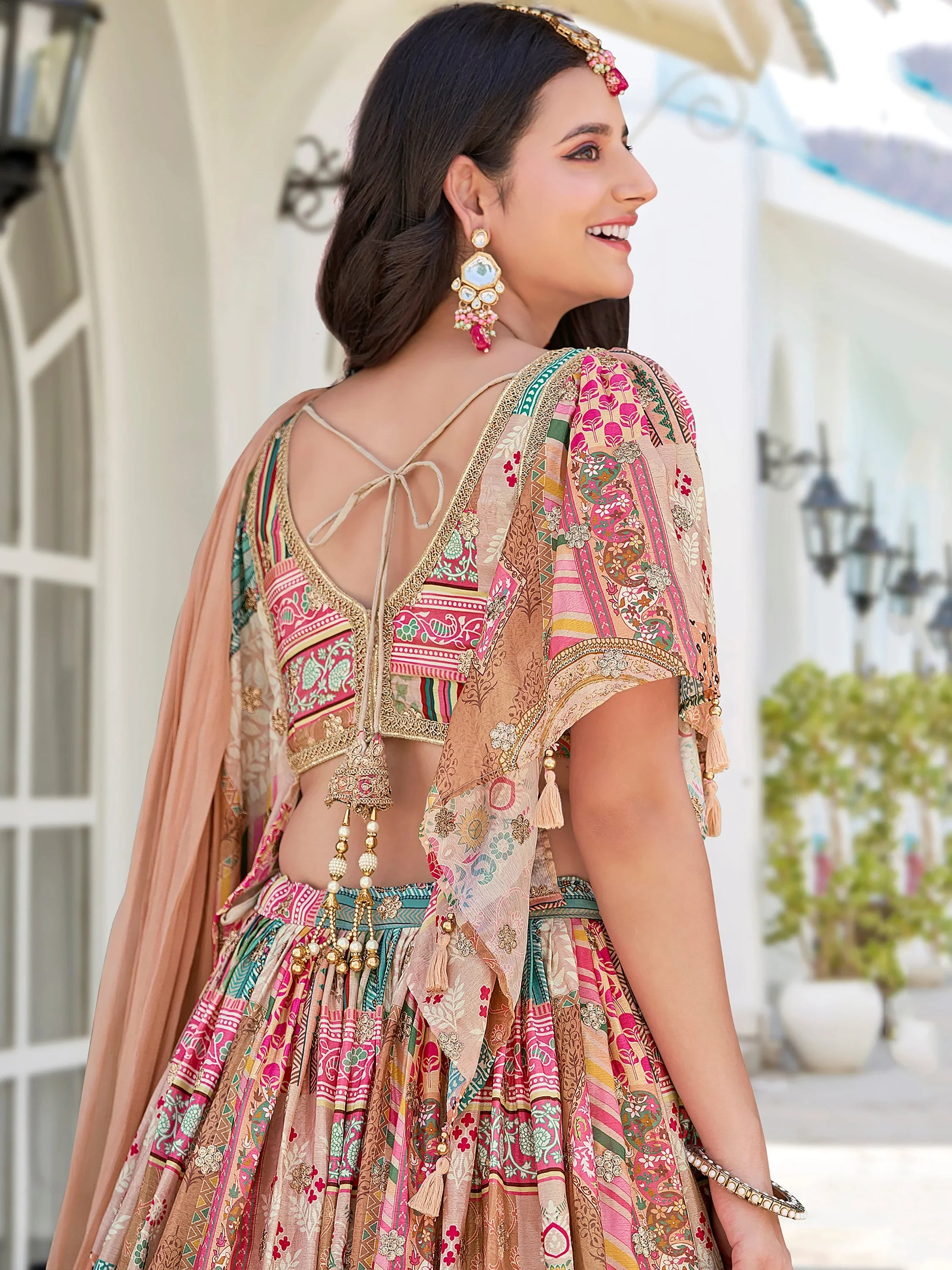 Lavishing Beige Chinon Silk Zari Embroidered Lehenga Choli