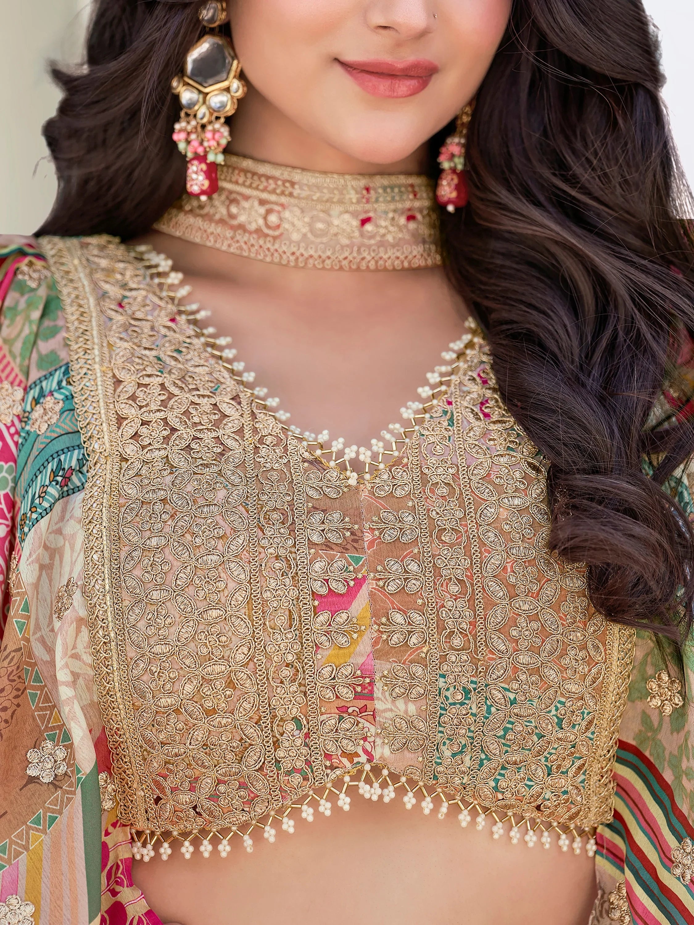 Lavishing Beige Chinon Silk Zari Embroidered Lehenga Choli