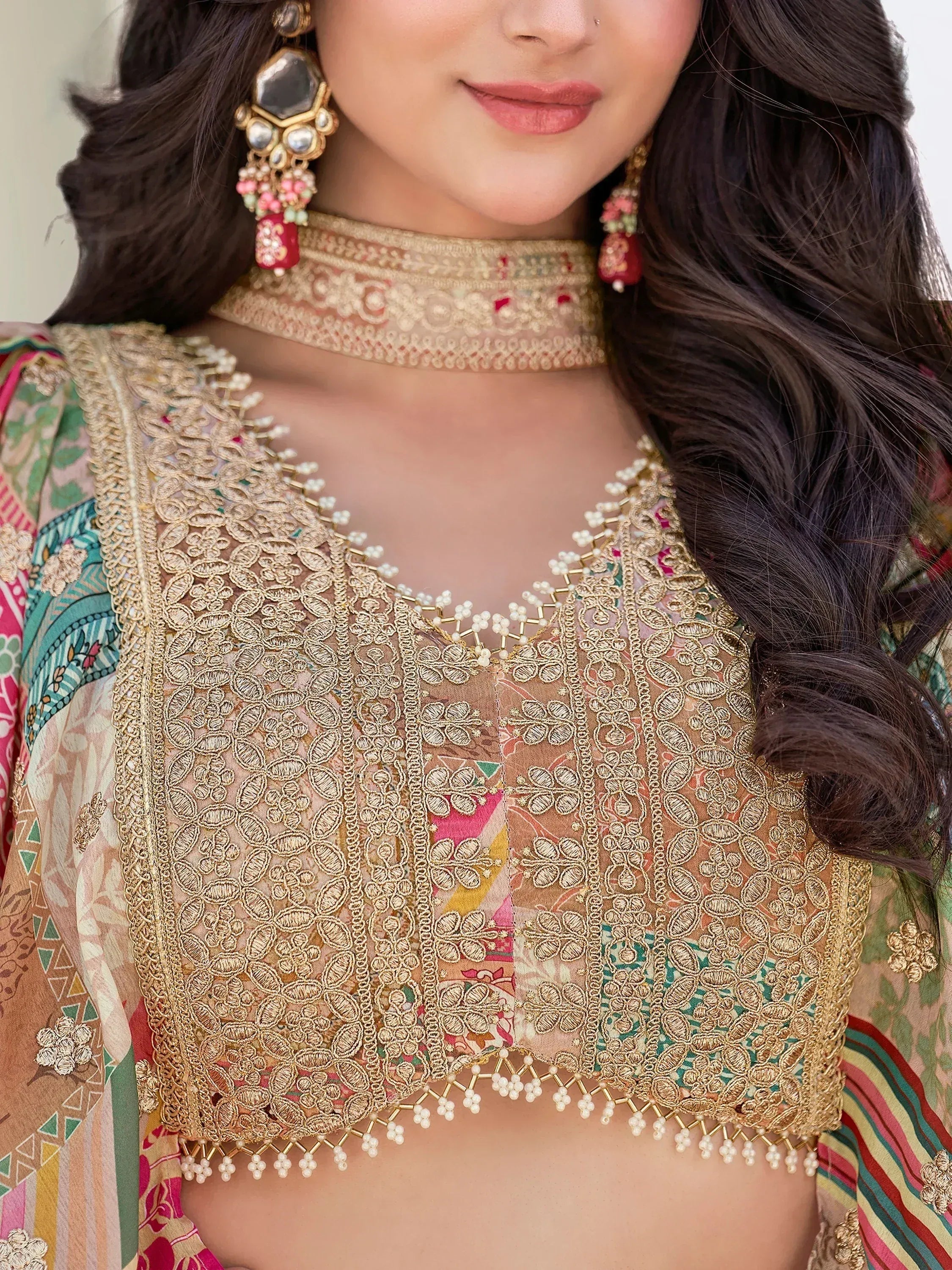 Lavishing Beige Chinon Silk Zari Embroidered Lehenga Choli