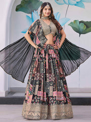 Glamorous Black Chinon Digital Printed Party Wear Lehenga Choli
