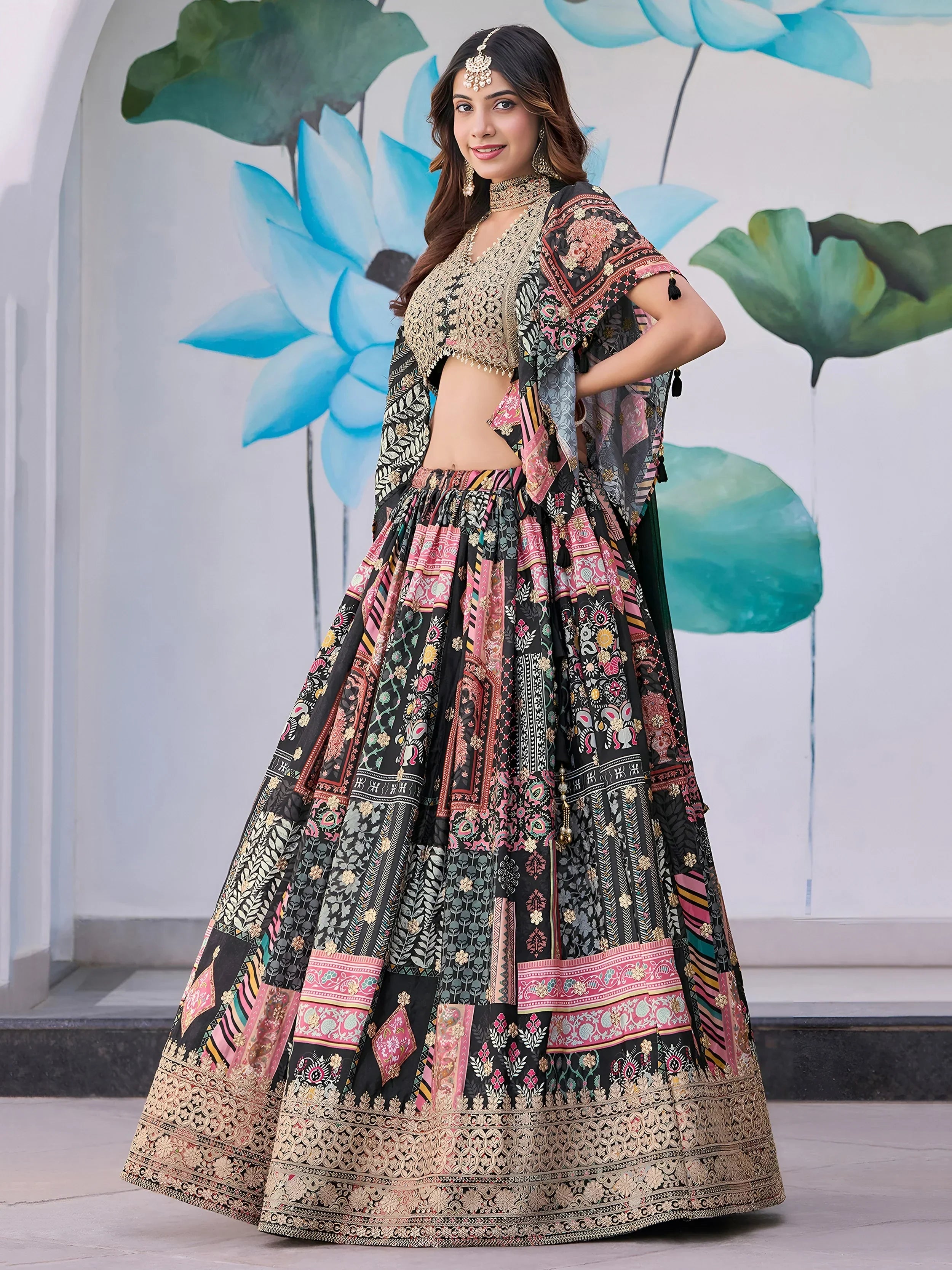 Glamorous Black Chinon Digital Printed Party Wear Lehenga Choli
