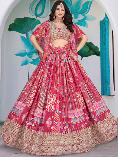 Attractive Pink Chinon Thread Embroidered Wedding Wear Lehenga Choli