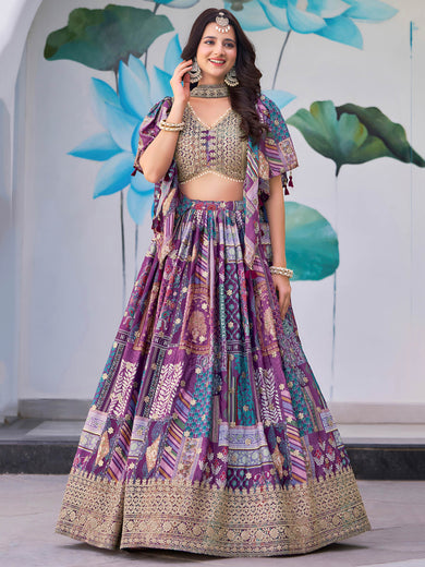 Adorable Purple Chinon Zari Work Bridesmaid Lehenga Choli With Dupatta