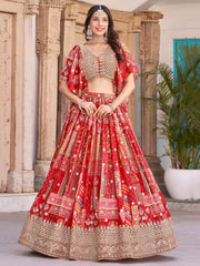 Stunning Red Chinon Digital Printed Wedding Lehenga Choli