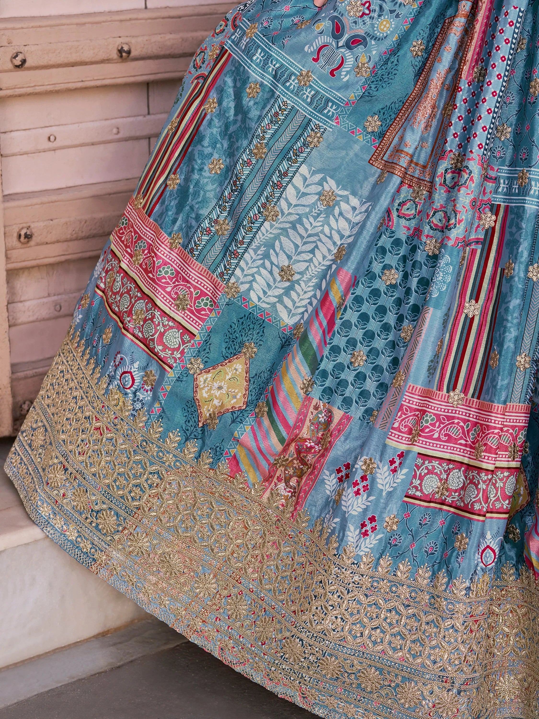 Regal Sky Blue Dori Embroidered Chinon Lehenga Choli With Dupatta