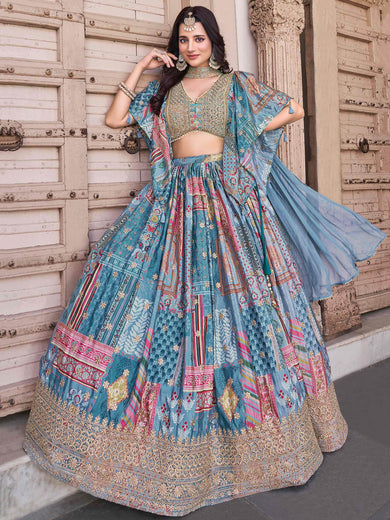 Regal Sky Blue Dori Embroidered Chinon Lehenga Choli With Dupatta