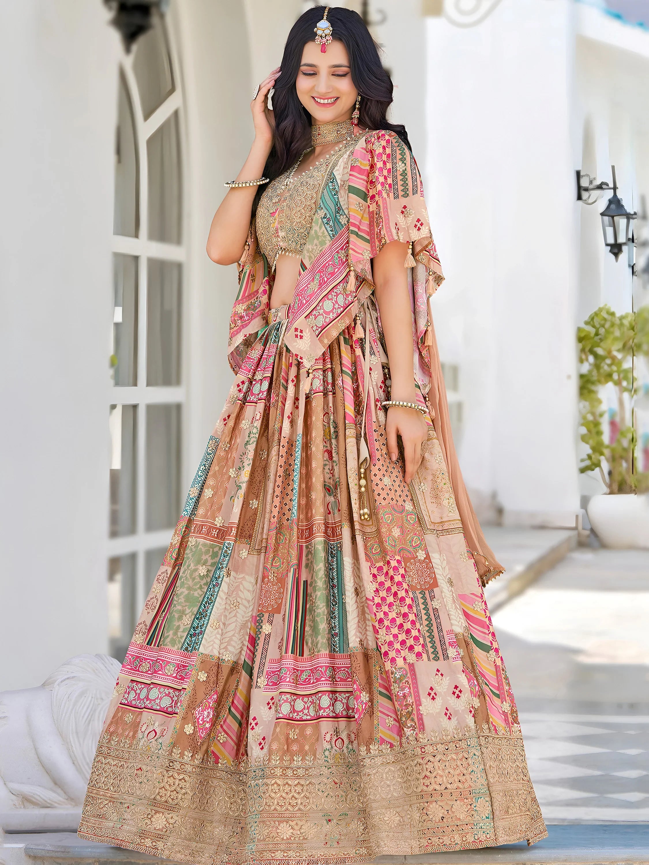 Lavishing Beige Chinon Silk Zari Embroidered Lehenga Choli