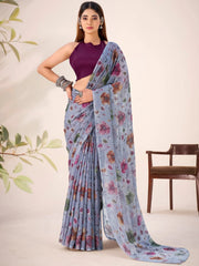 Glamorous Grey Floral Printed Geogette Casual Wear Saree With Blouse